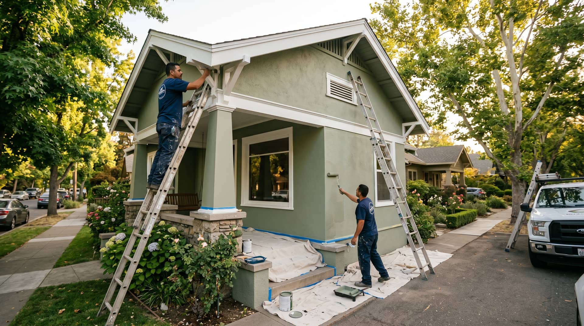 ProFlow Painting crew working on a Sacramento craftsman exterior