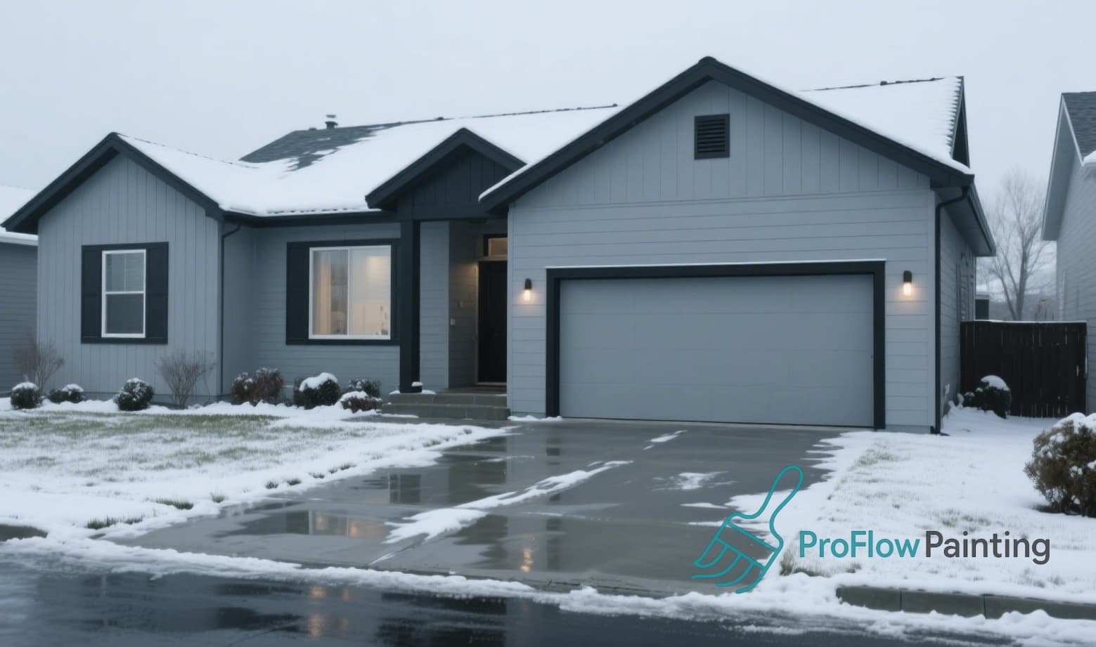 Freshly painted exterior home with winter landscape