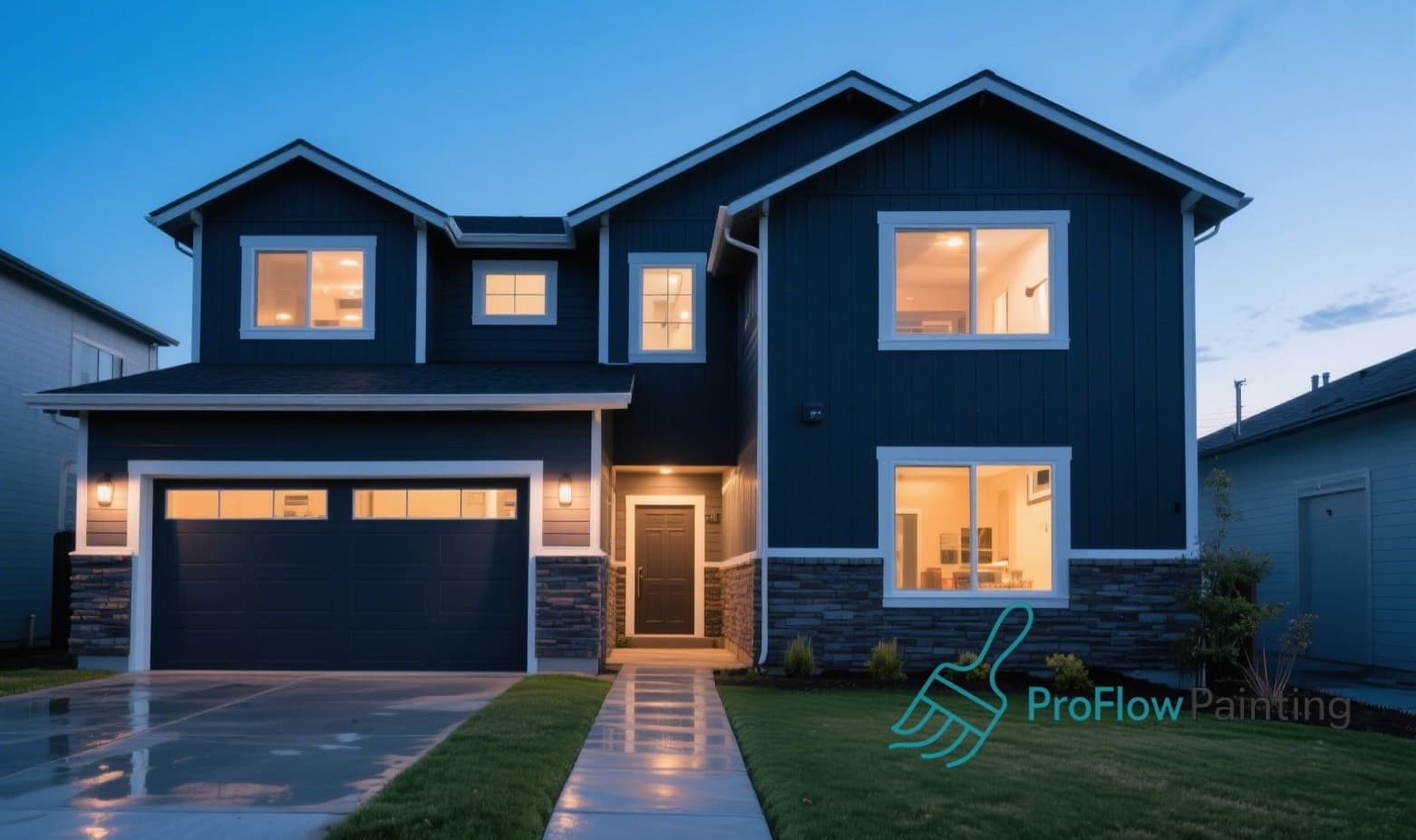 Sleek two-story modern home with fresh paint finish