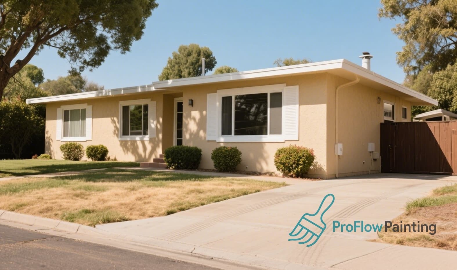 Single-story ranch-style home with light professional paint