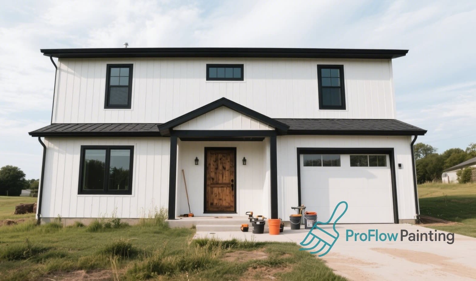 Two-story modern farmhouse with fresh exterior paint