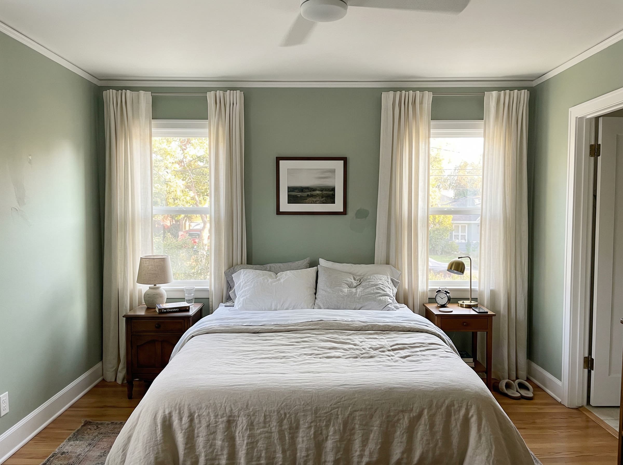 Master bedroom painting — soft sage green walls with white ceiling, Sacramento home