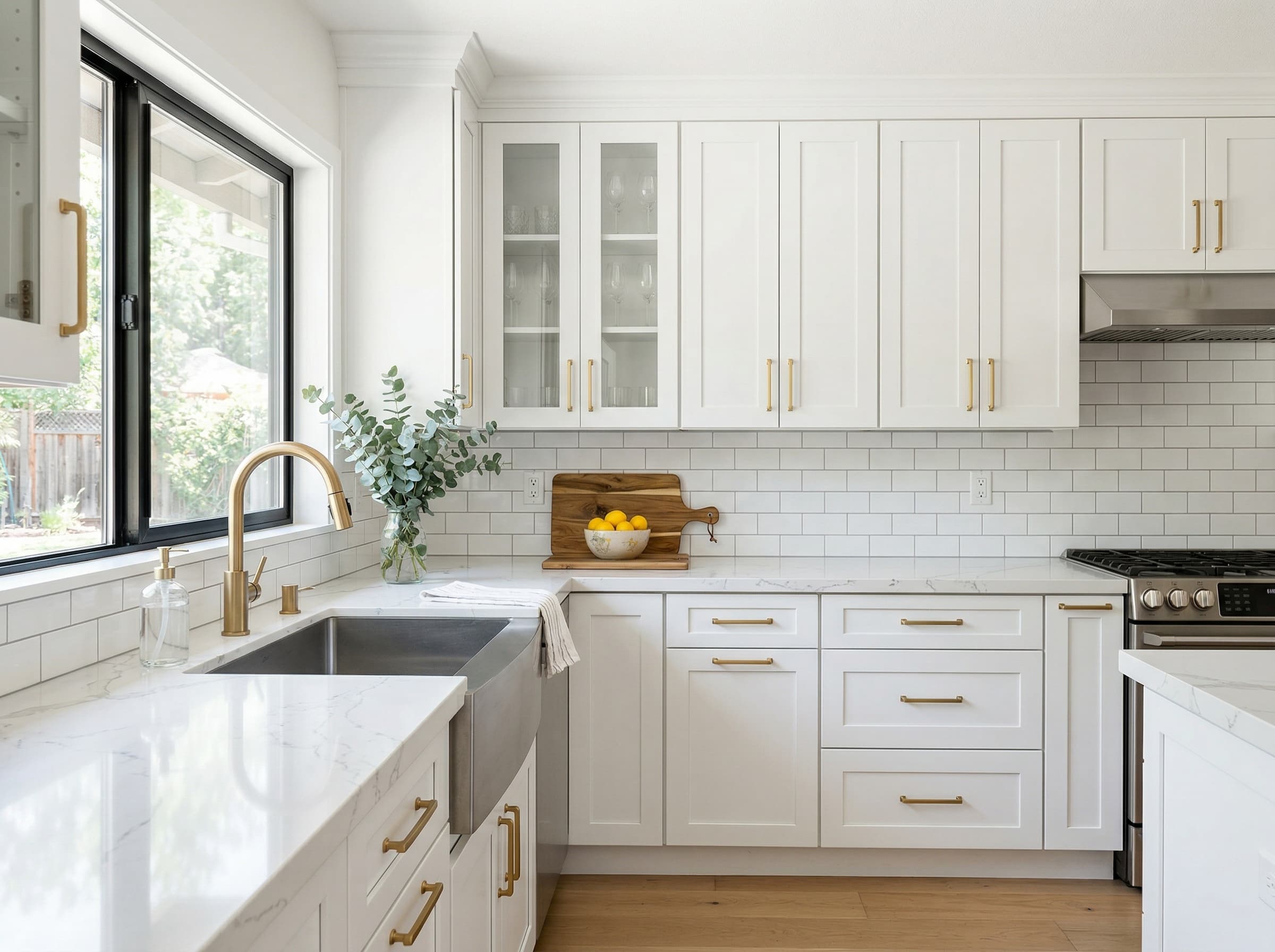 Kitchen cabinet refinishing — white shaker cabinets with gold hardware, Sacramento home