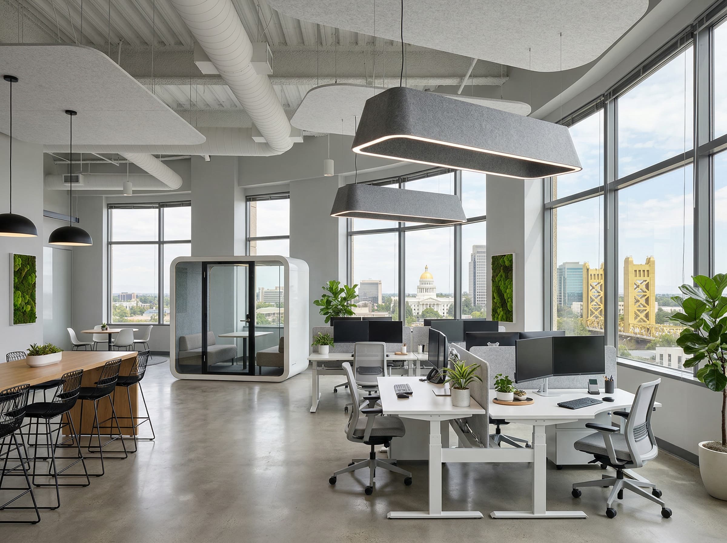 Commercial office interior painting — modern workspace with light gray walls, Sacramento