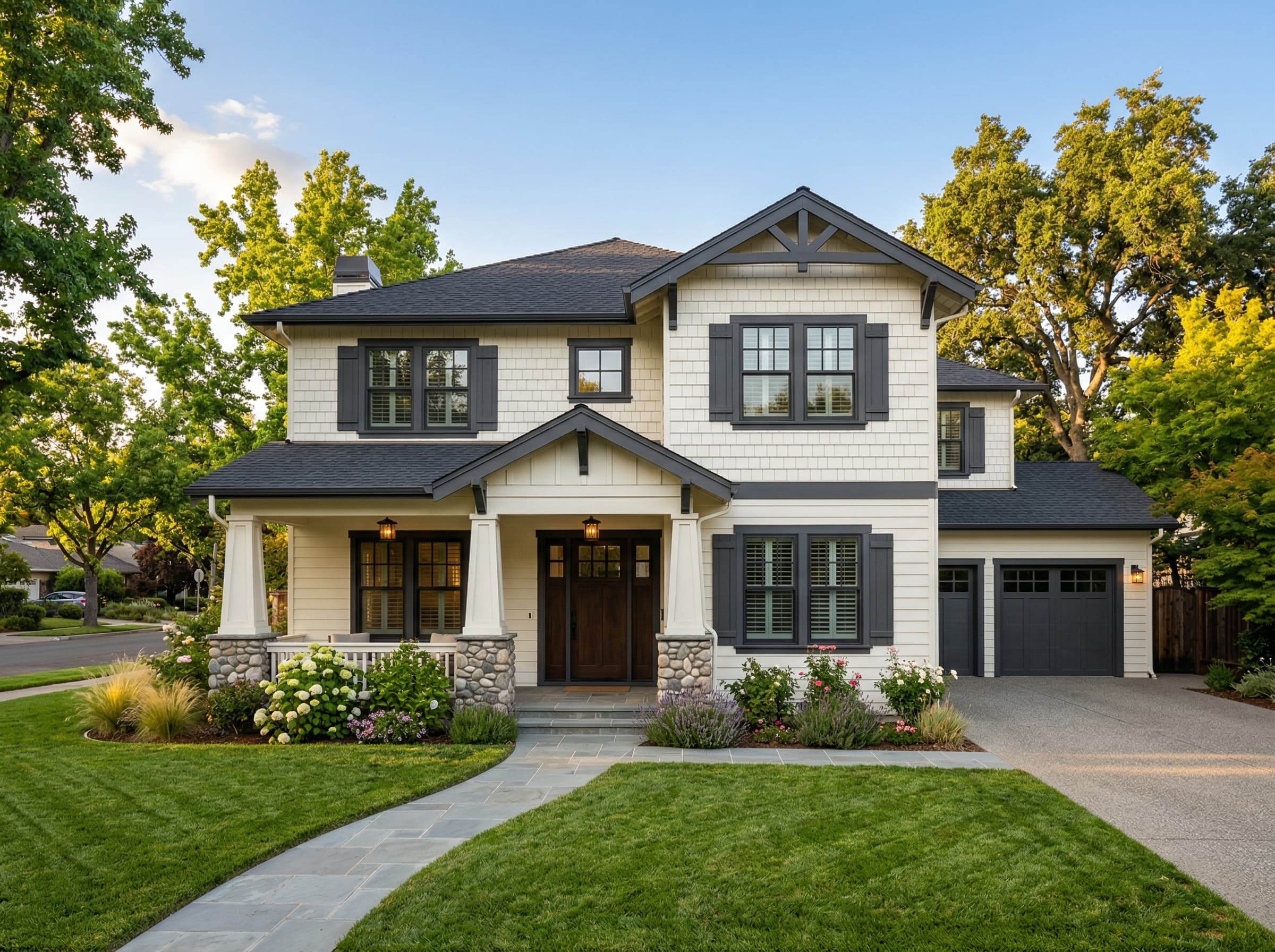 Two-story craftsman home exterior painting — white with charcoal trim, Sacramento