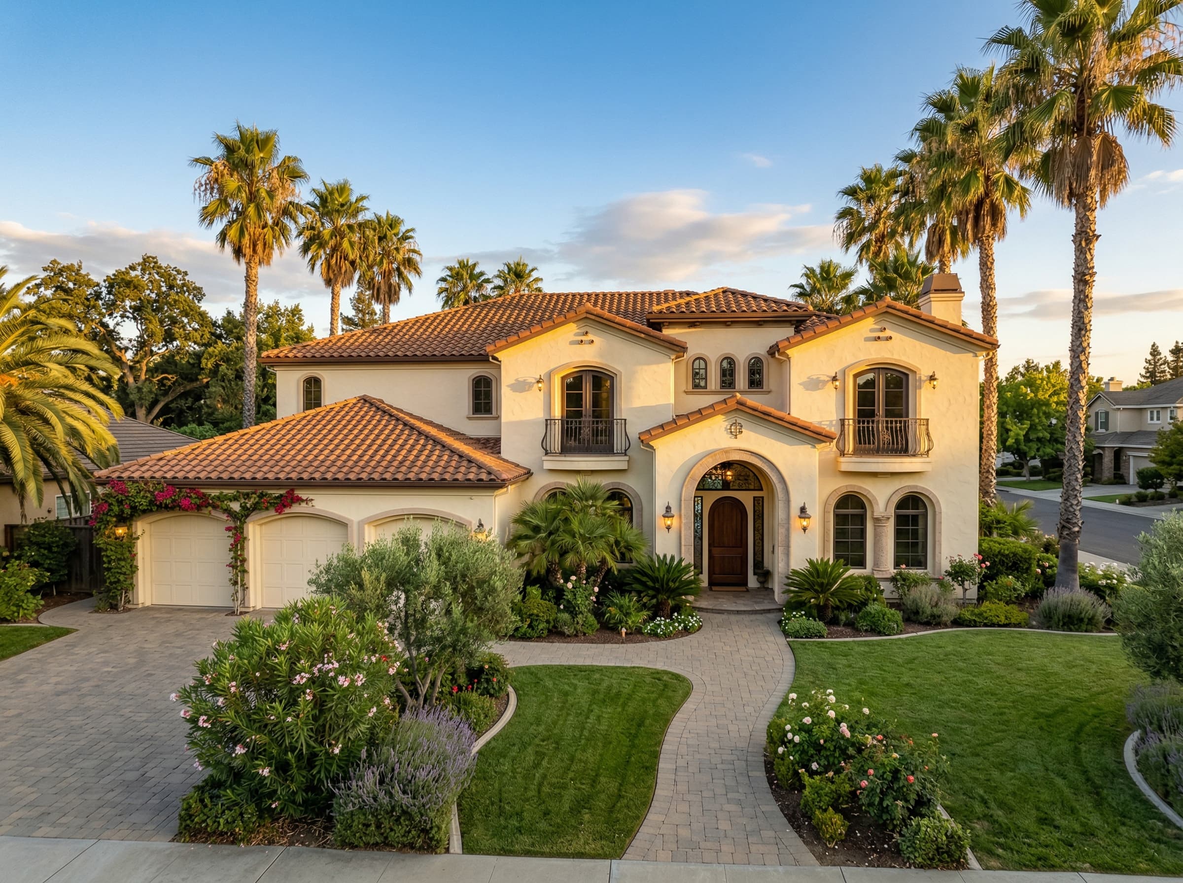 Mediterranean stucco home exterior painting — warm cream finish, Sacramento
