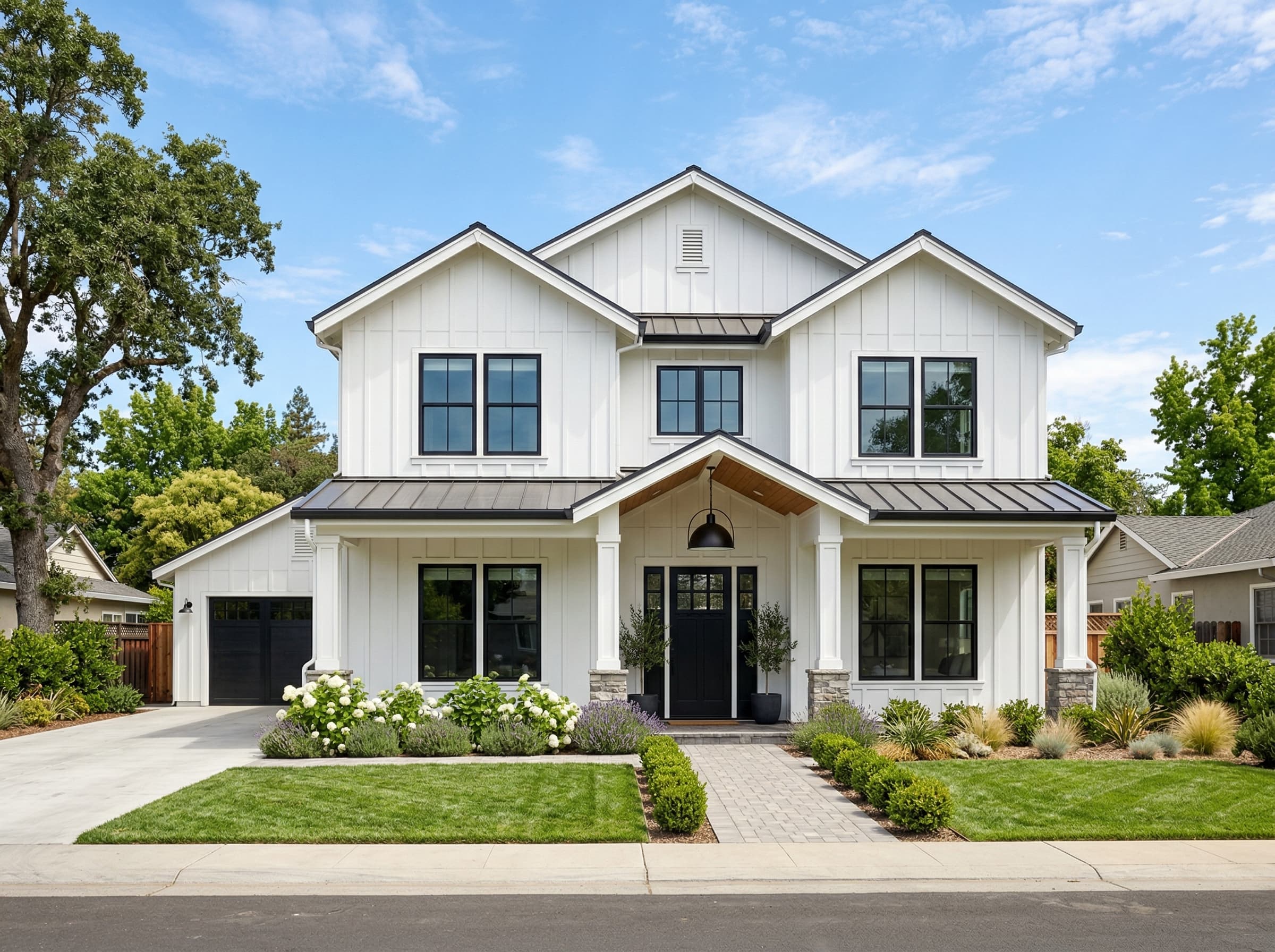 Modern farmhouse exterior painting — classic white with black accents, Sacramento