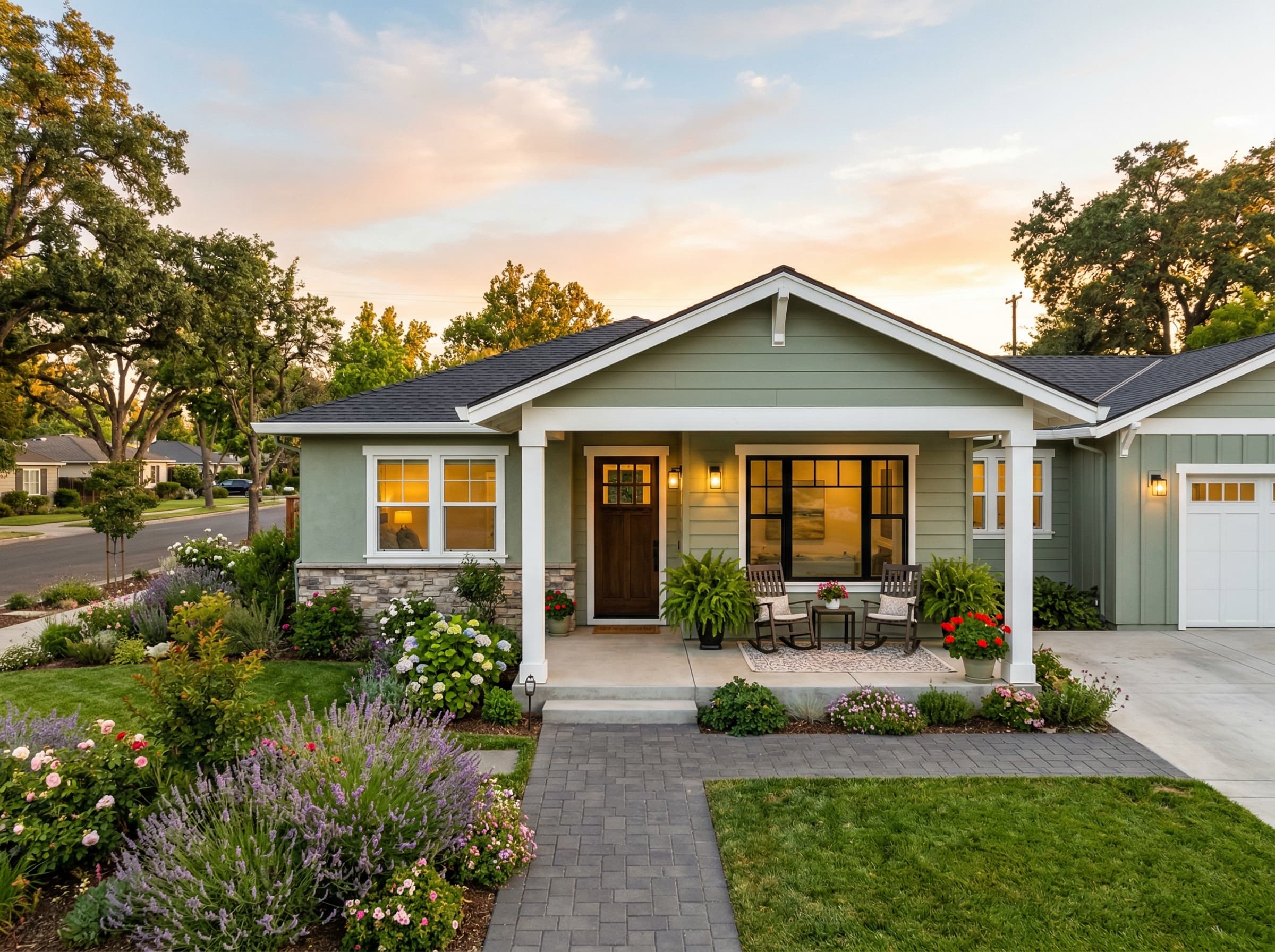 Ranch home exterior painting — sage green with white trim, Sacramento neighborhood