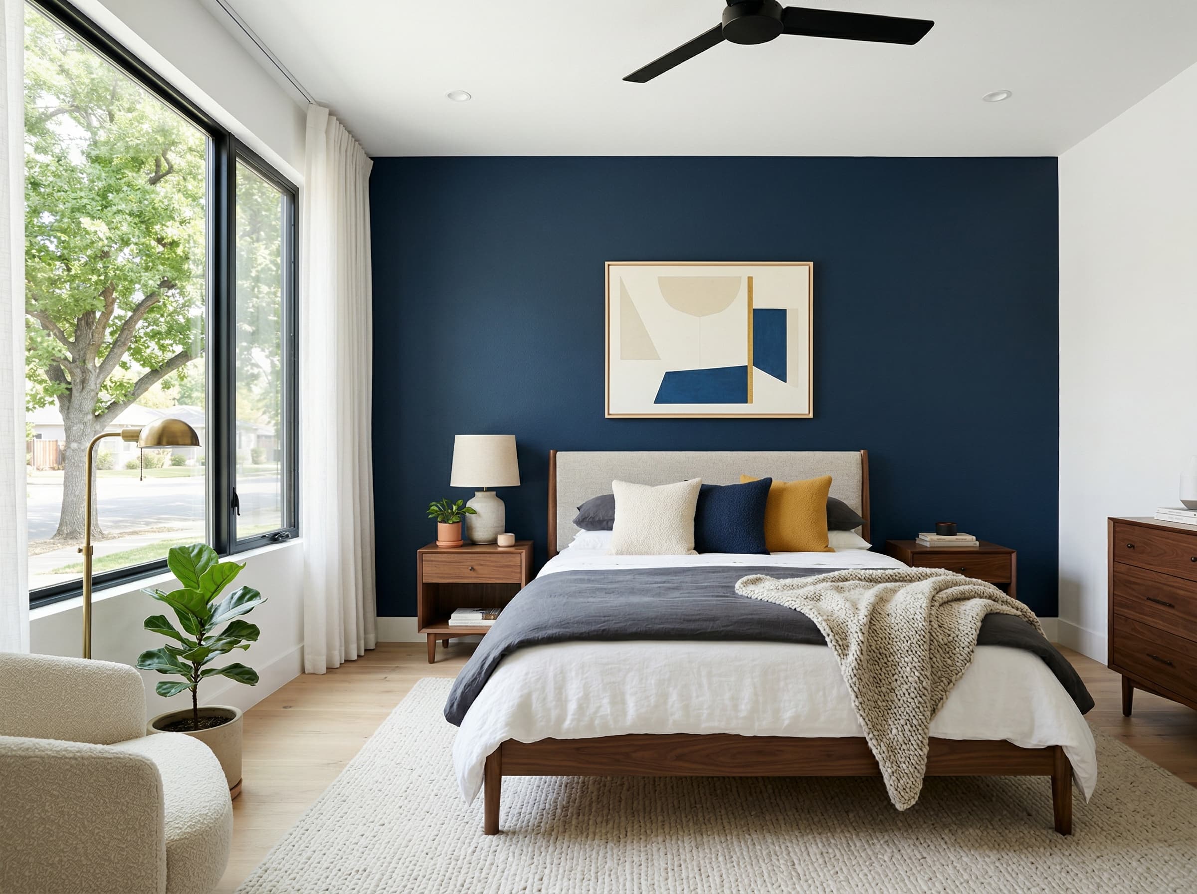 Bedroom accent wall painting — deep navy blue with white walls, Sacramento home