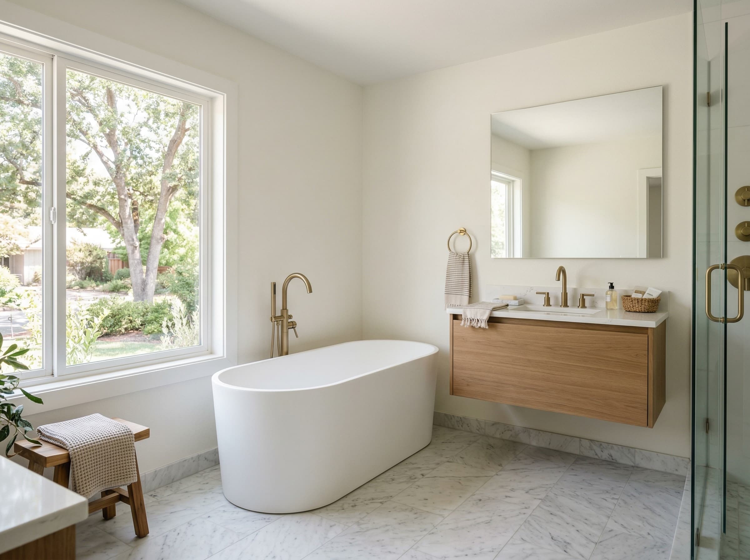 Bathroom painting — soft white walls with brass fixtures, Sacramento home renovation