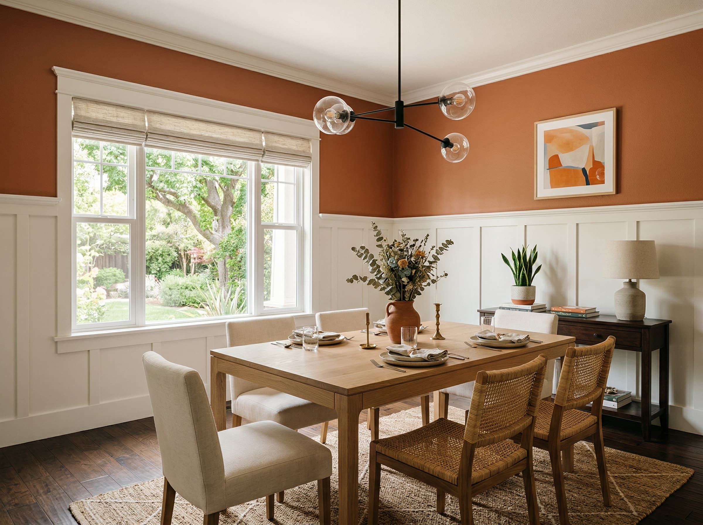 Dining room painting — warm terracotta walls with white wainscoting, Sacramento home
