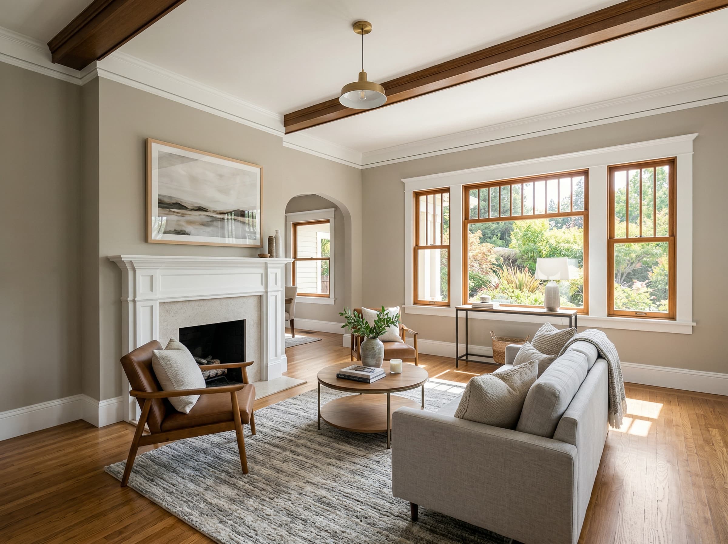 Living room interior painting — warm greige walls with white trim, Sacramento craftsman home