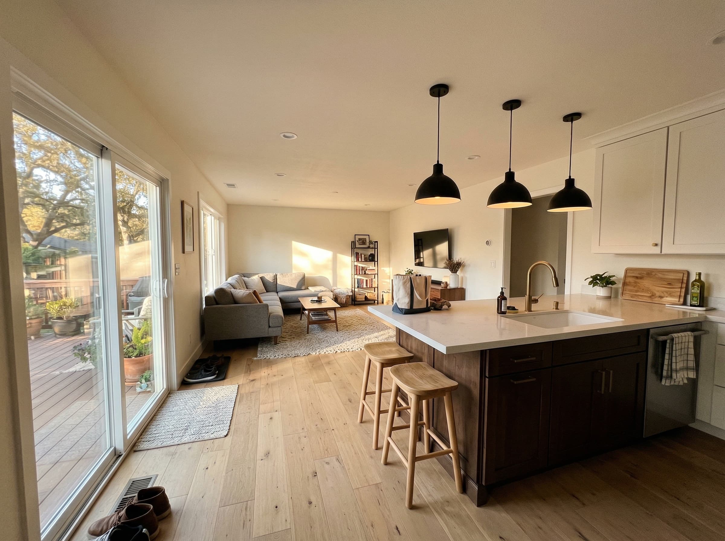 Open concept kitchen and living area — freshly painted warm white walls, Sacramento renovation